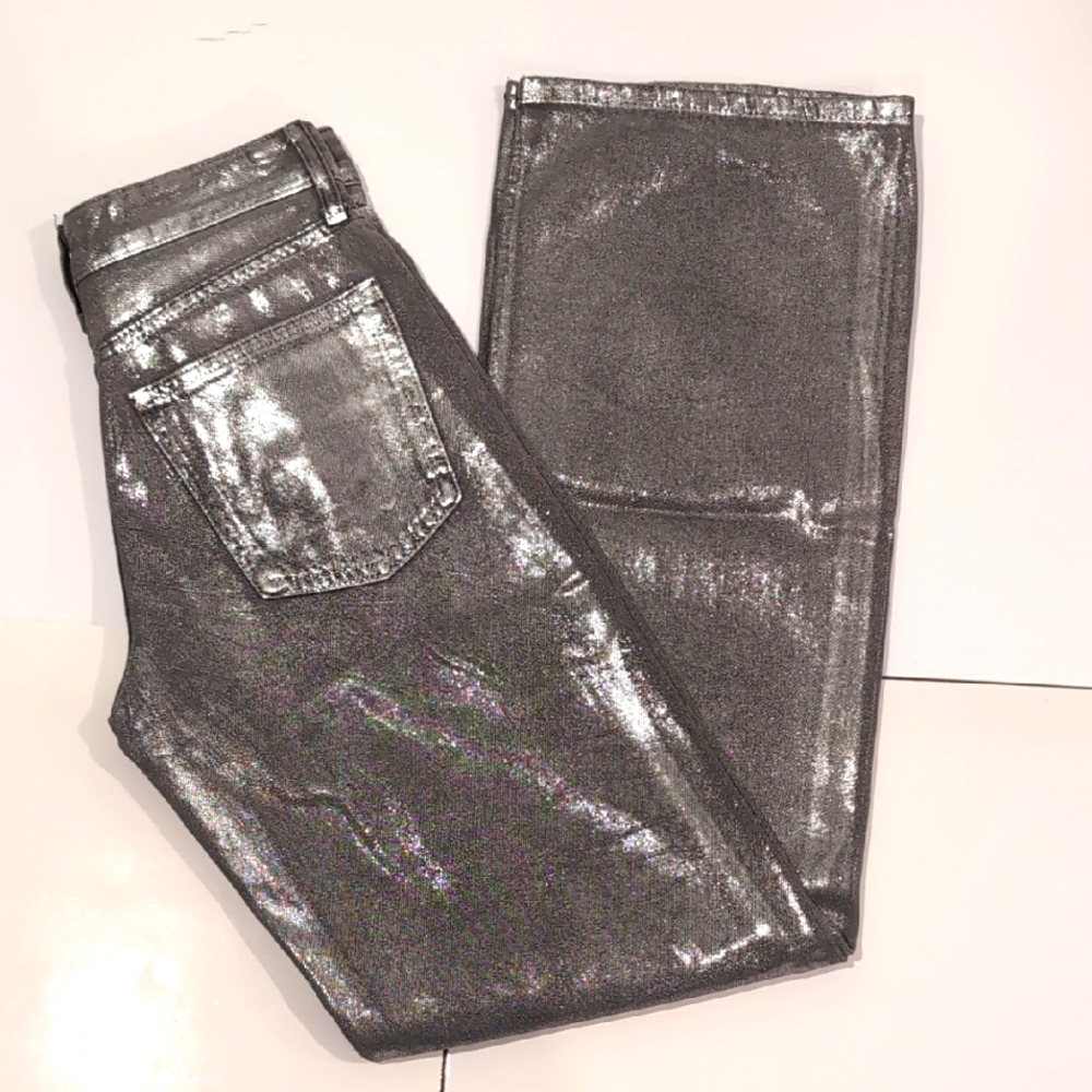 Zara Silver Metallic Wide Leg Jeans Size 2 Glam